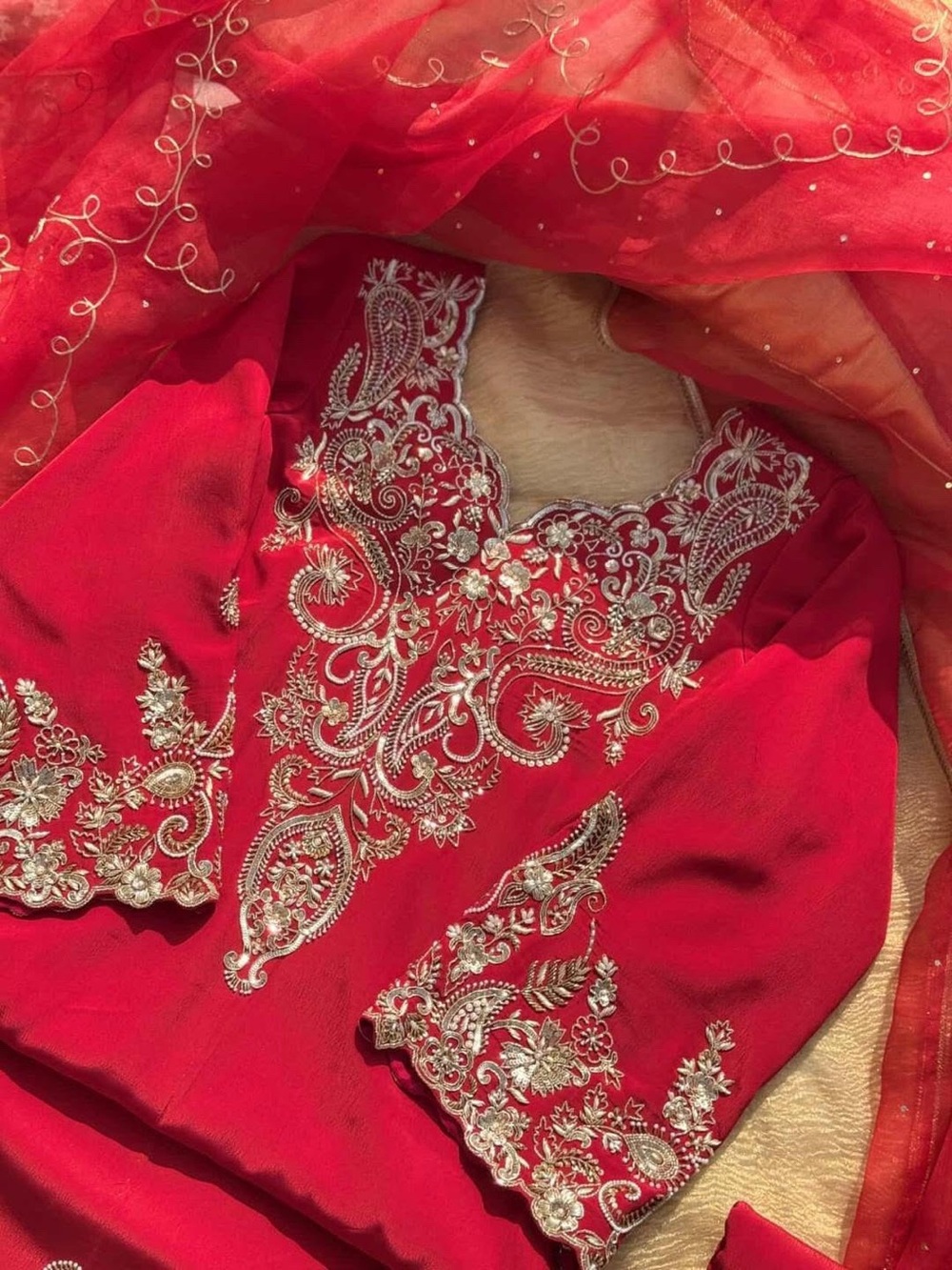 Red Embroidered Women Salwar with Gold Threadwork